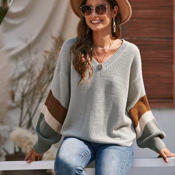 oversized  color block v neck knit sweater beige - Picture 5 of 9